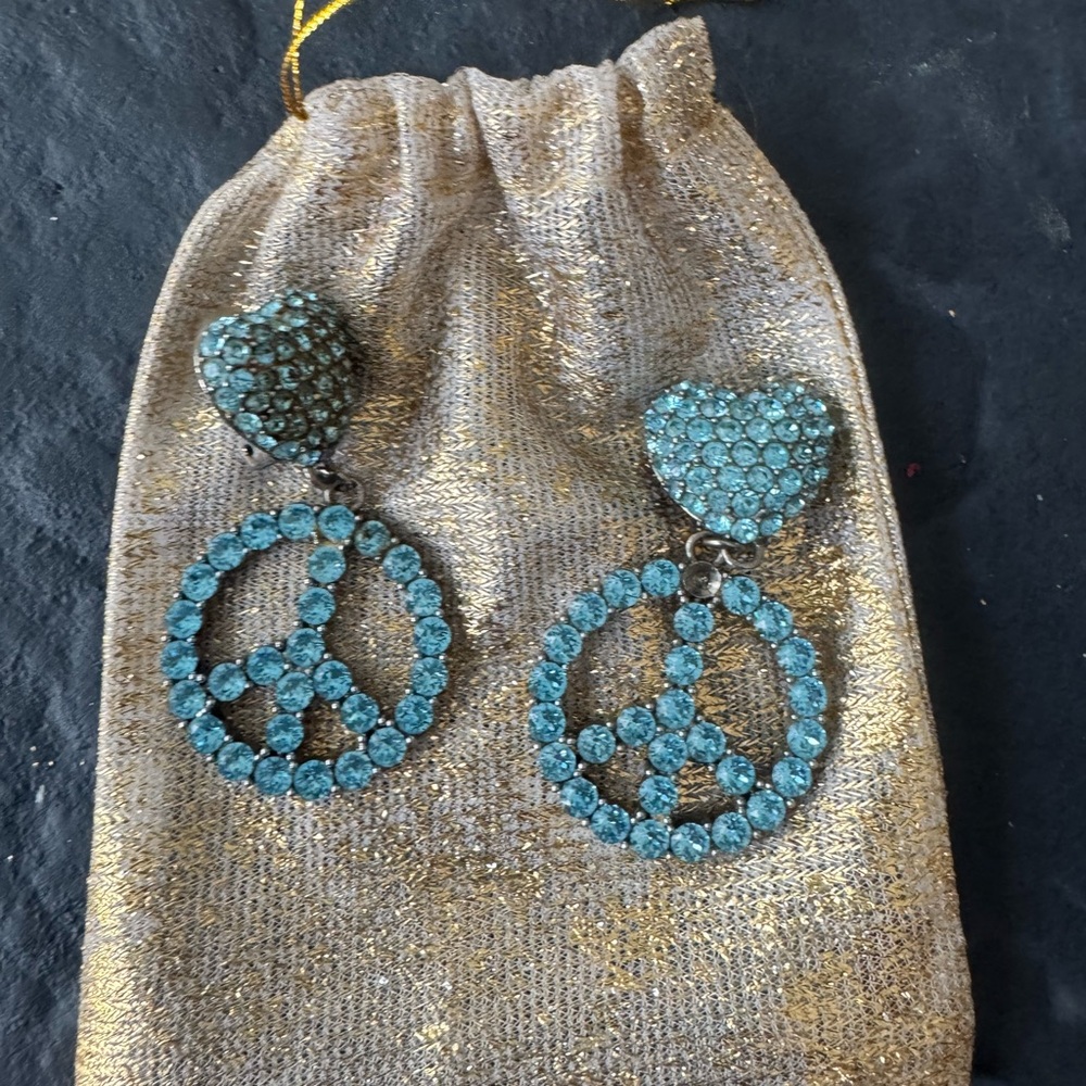 Moschino Turquoise Crystal Heart Stud Peace Sign Drop Earrings